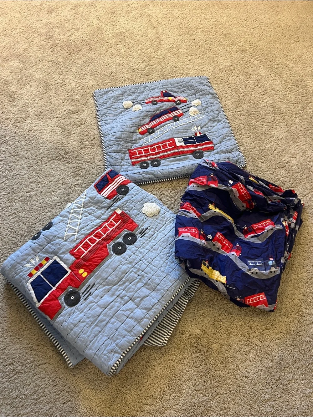 Pottery Barn Kids Fire Truck Bedding Set - Light Blue, Red & Navy - Picture 1 of 4